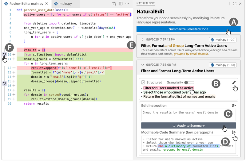 NaturalEdit: Code Modification through Direct Interaction with Adaptive Natural Language Representation teaser